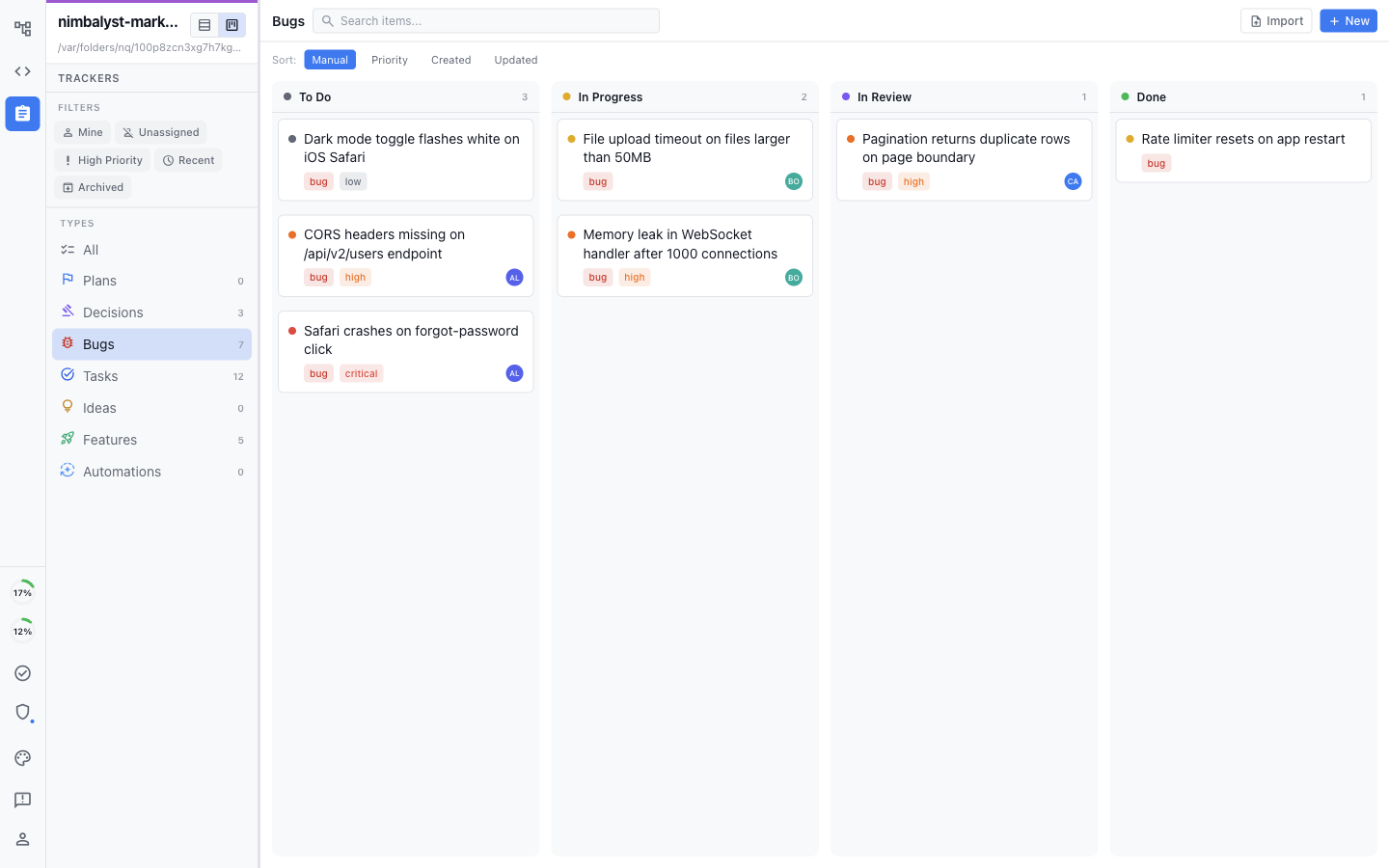 The tracker kanban board showing a Bugs board with To Do, In Progress, In Review, and Done columns, filter chips and type list in the left sidebar