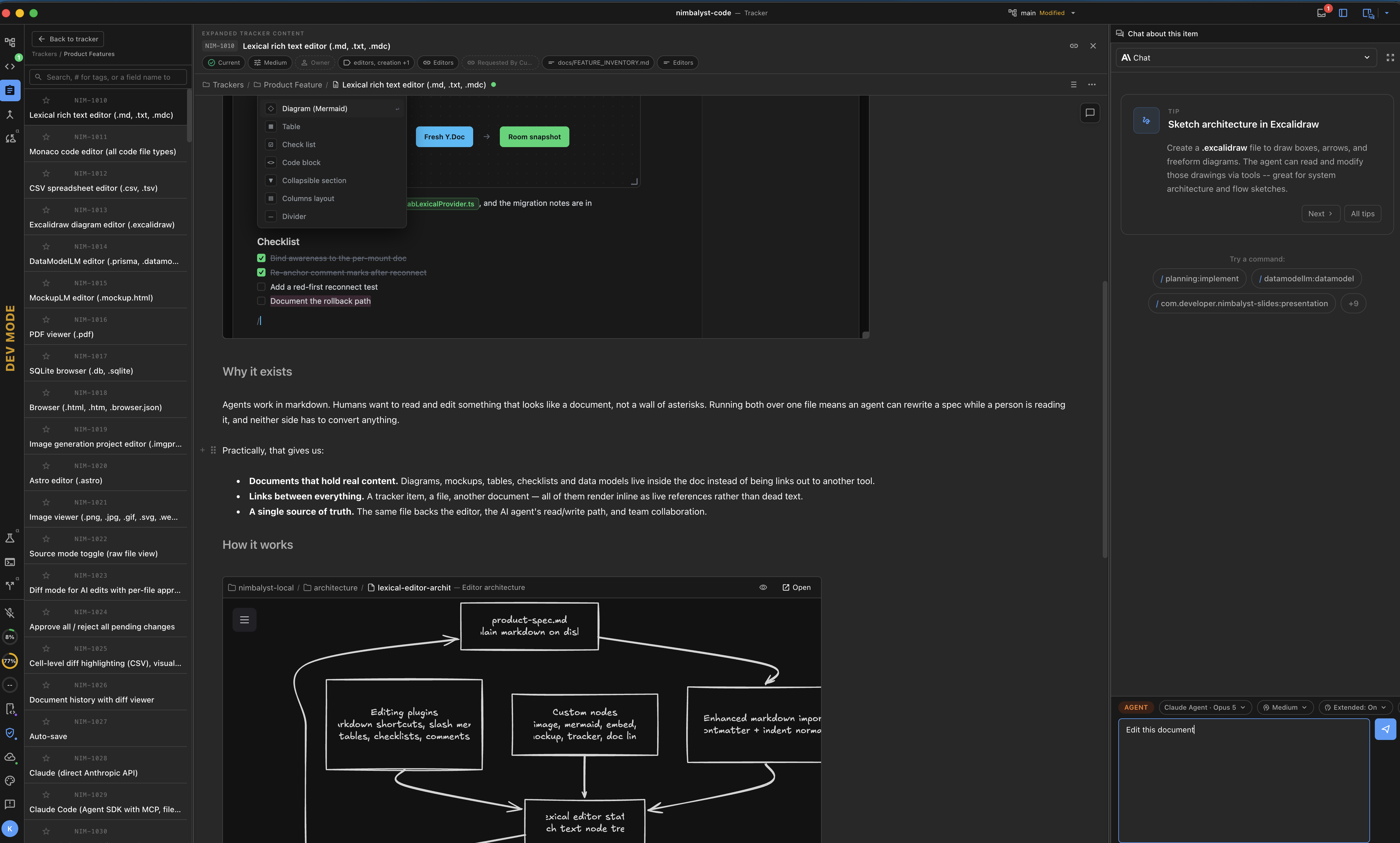 Expanded tracker content view, showing a full-width item body with a checklist, a slash-command insert menu, and an embedded Excalidraw diagram, with the item list on the left and a Chat about this item panel on the right