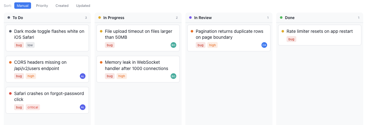 Close-up of kanban cards showing status dot, title, type tag, priority badge, and owner avatar