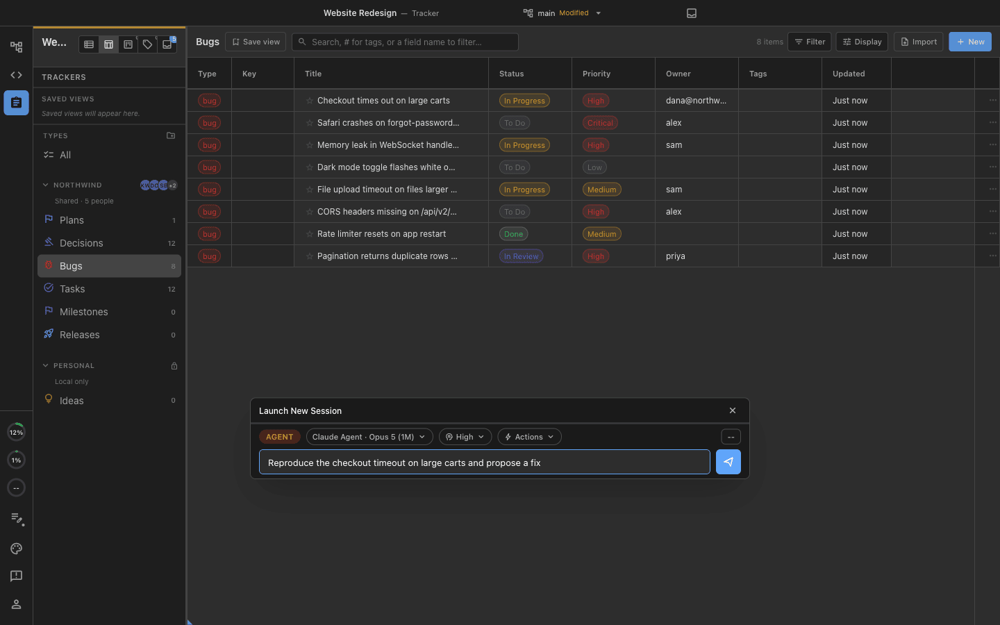 A shared bug tracker in grid view with the Launch New Session popup open over it, carrying a prompt about a checkout timeout