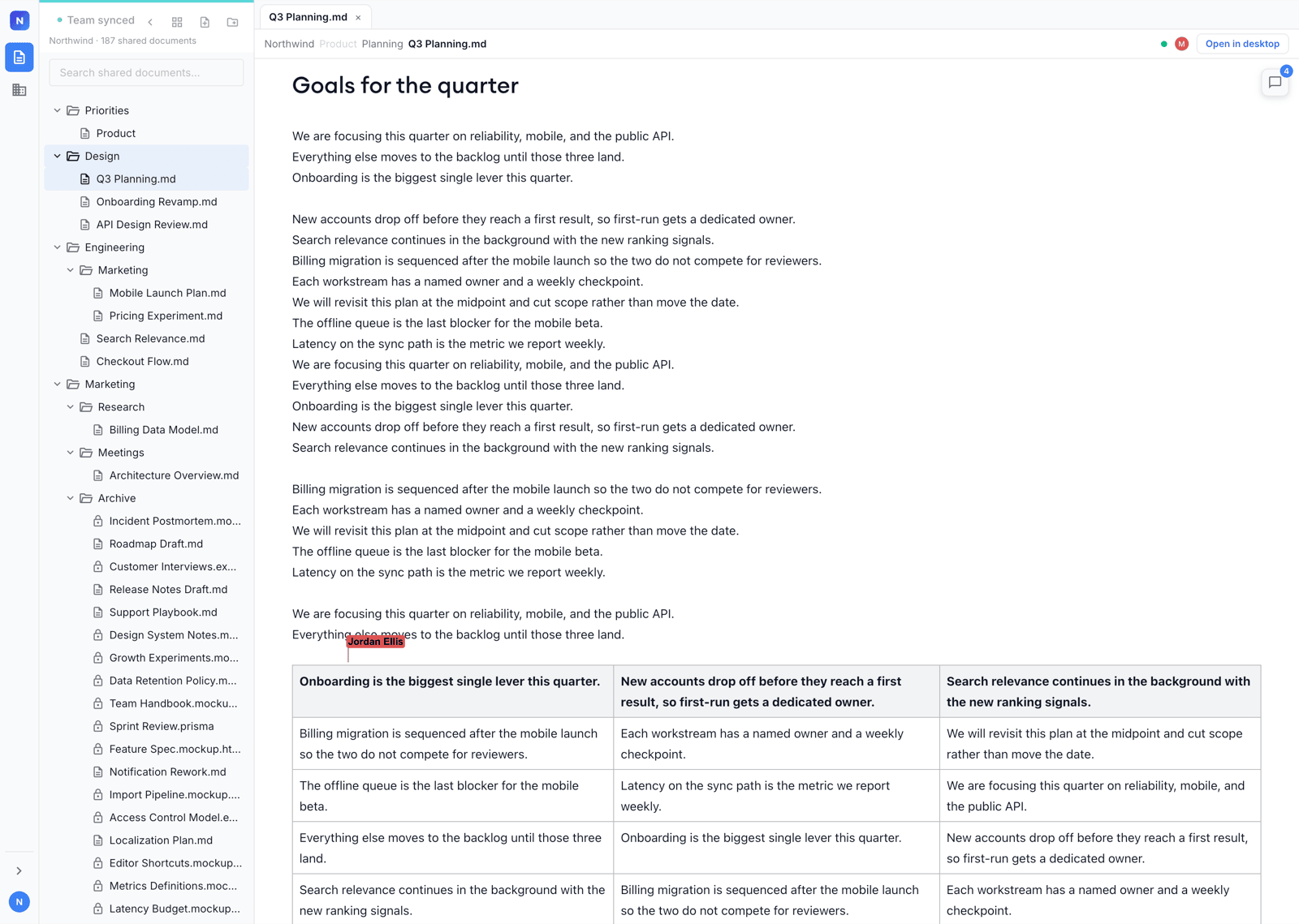A shared markdown plan open in the browser editor, with a teammate's labeled cursor in the document, a comments button showing four threads, and an Open in desktop link