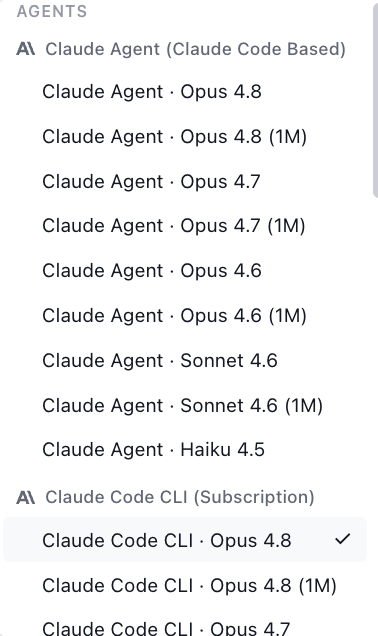 Nimbalyst model picker showing the Claude Agent and Claude Code CLI groups