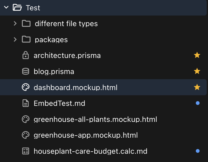 A shared folder in the Collaboration sidebar, with gold stars marking three favorited files and blue dots marking two files that changed since they were last opened