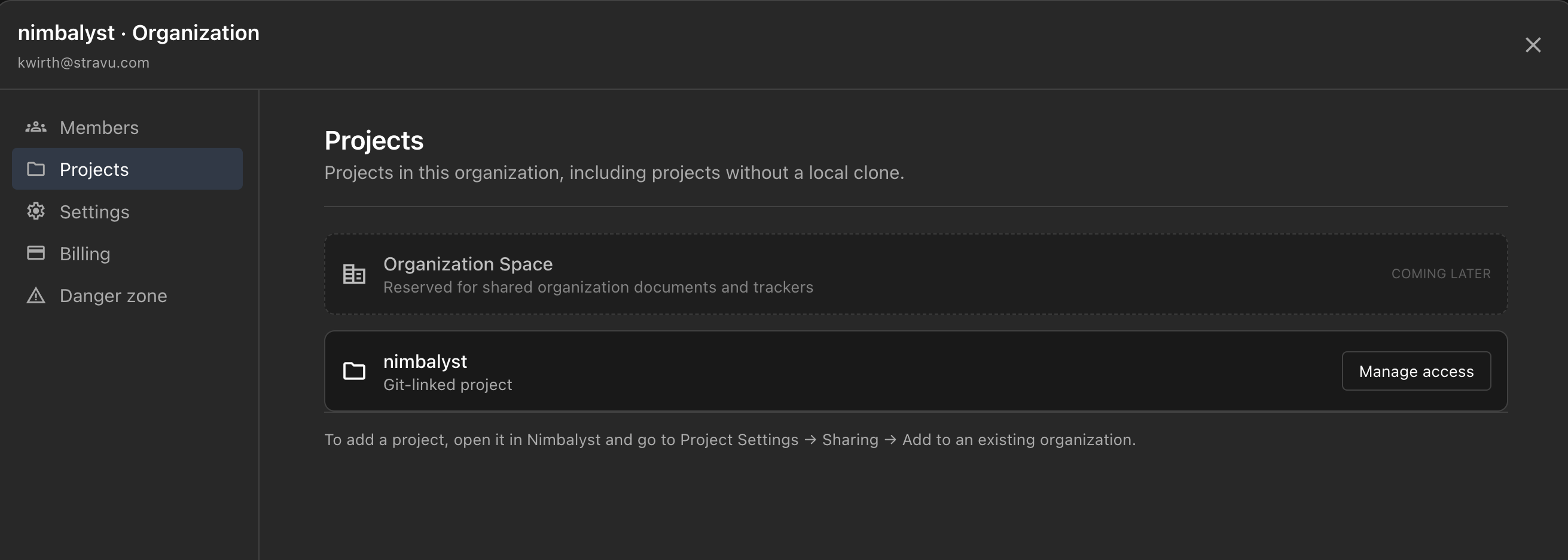 The organization management dialog Projects page, listing a git-linked project with a Manage access button and a reserved Organization Space entry