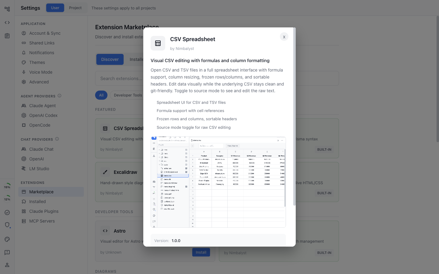 Extension detail modal showing description, screenshots, and install button