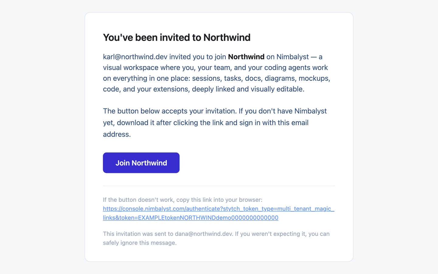 The invitation email, with an explanation of Nimbalyst and a Join button