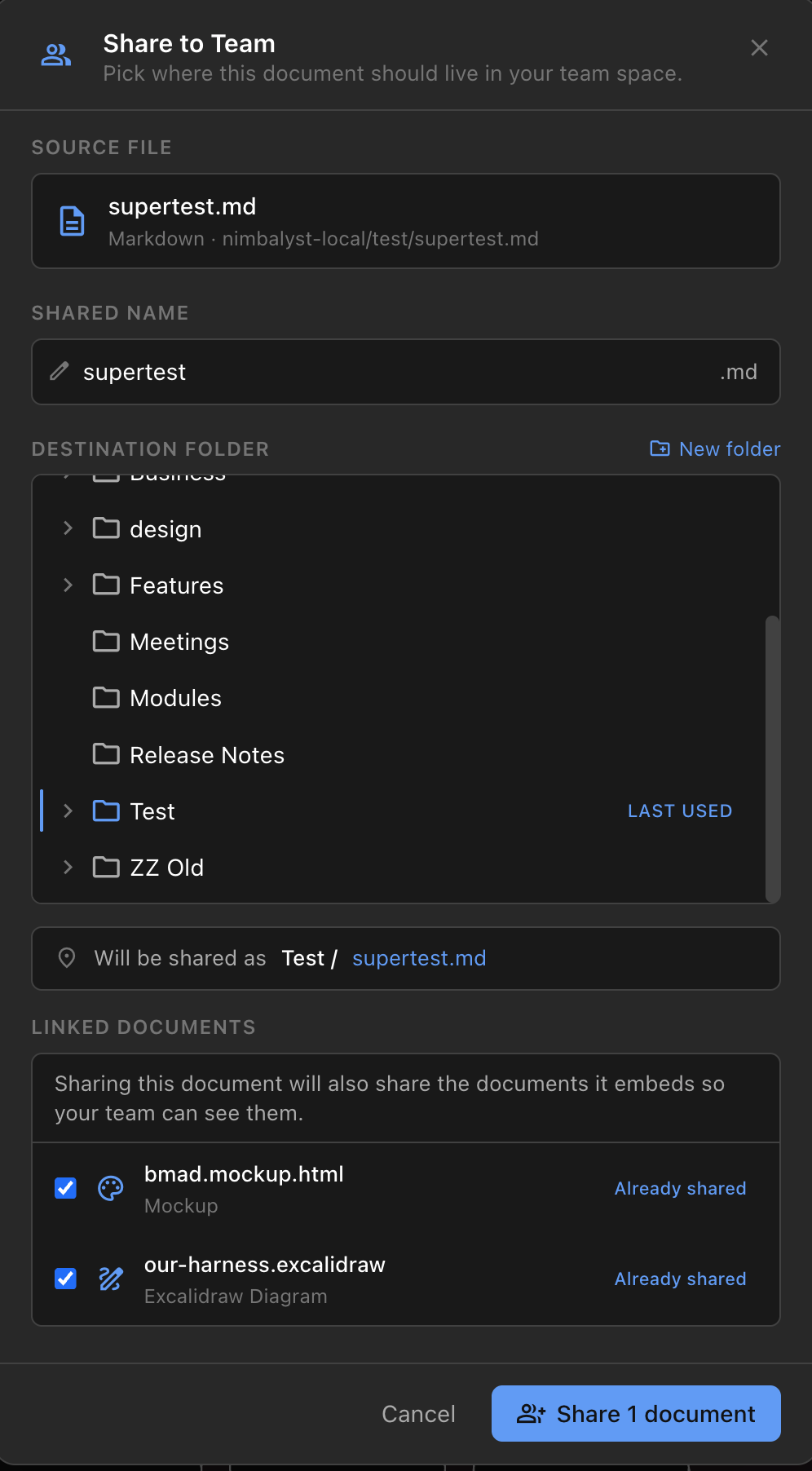 The Share to Team dialog showing the source file, shared name, destination folder tree, and a Linked documents section listing an embedded mockup and an Excalidraw diagram, both checked and marked Already shared