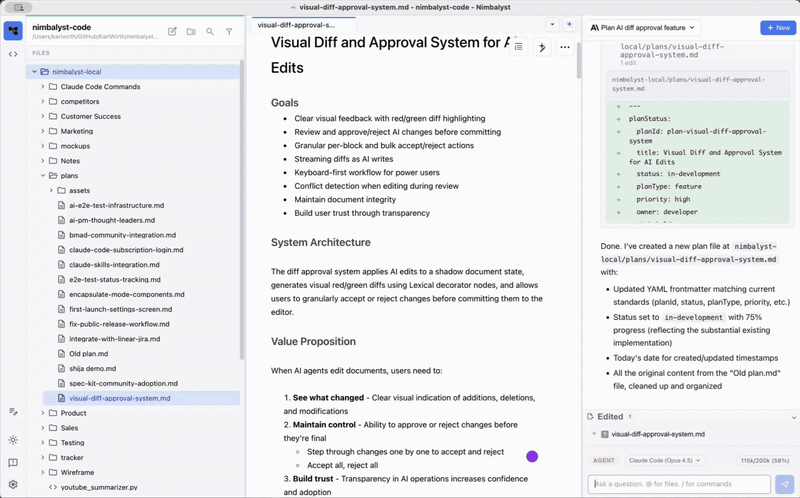 Files mode with a markdown plan open in the center, red/green diff changes with Keep and Undo controls, and the agent panel on the right