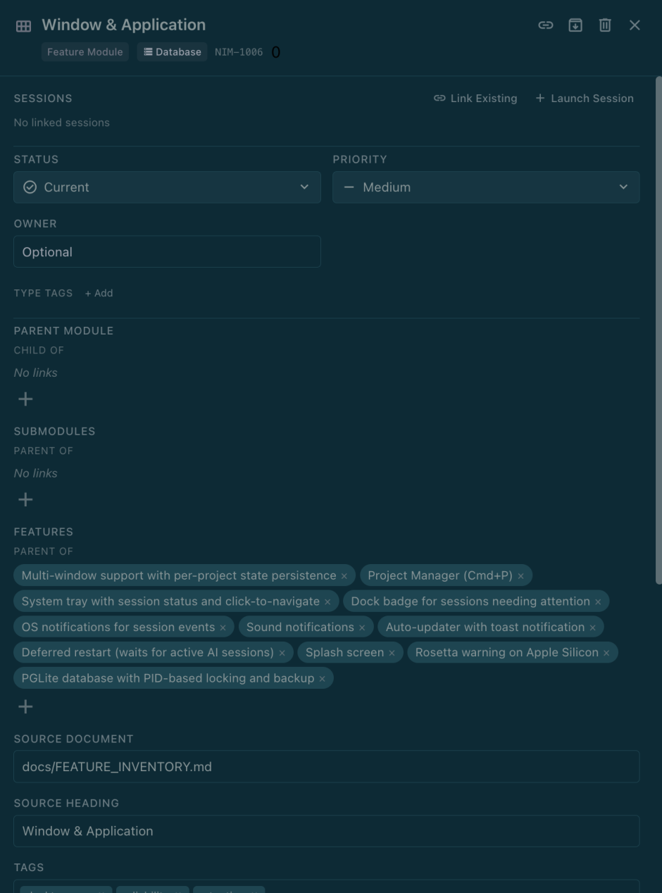 A Feature Module item showing Parent Module, Submodules, and Features relationship fields
