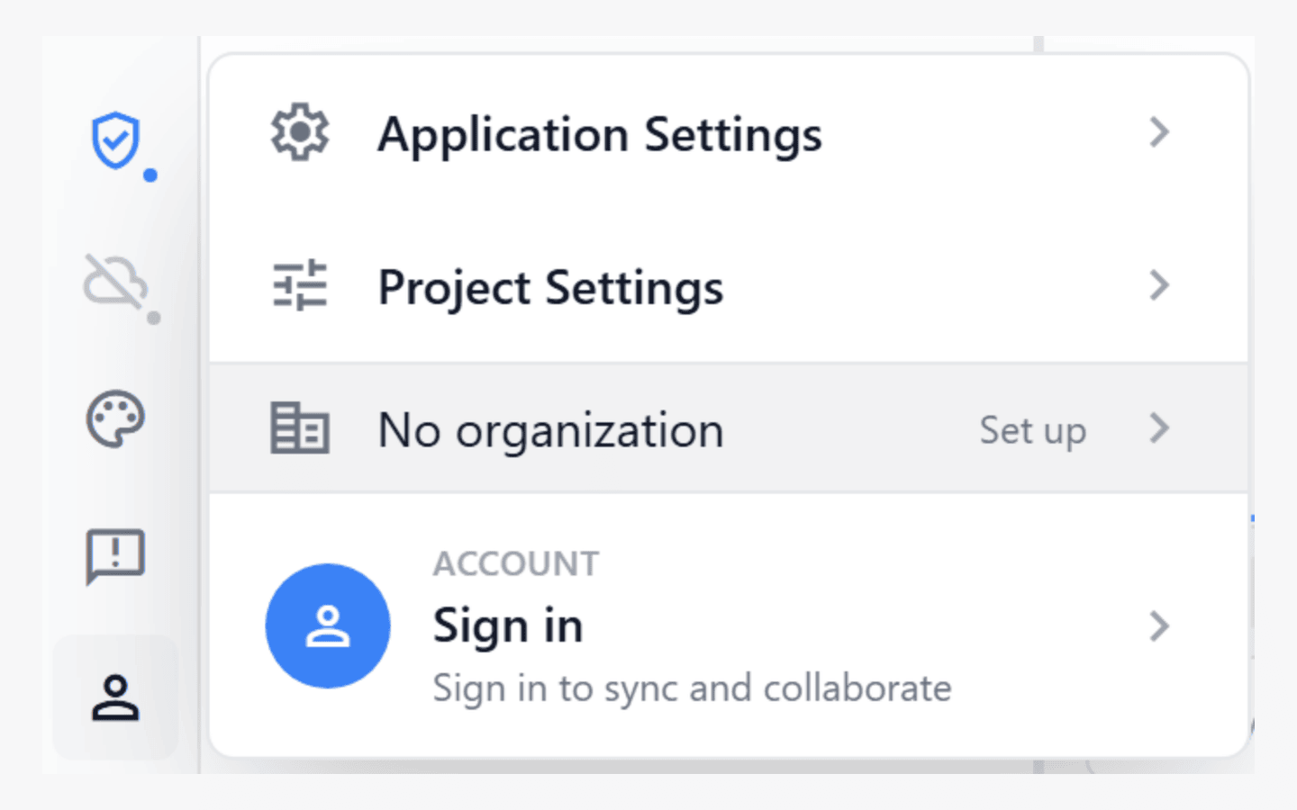 The user menu with the No organization row highlighted and a Set up action beside it