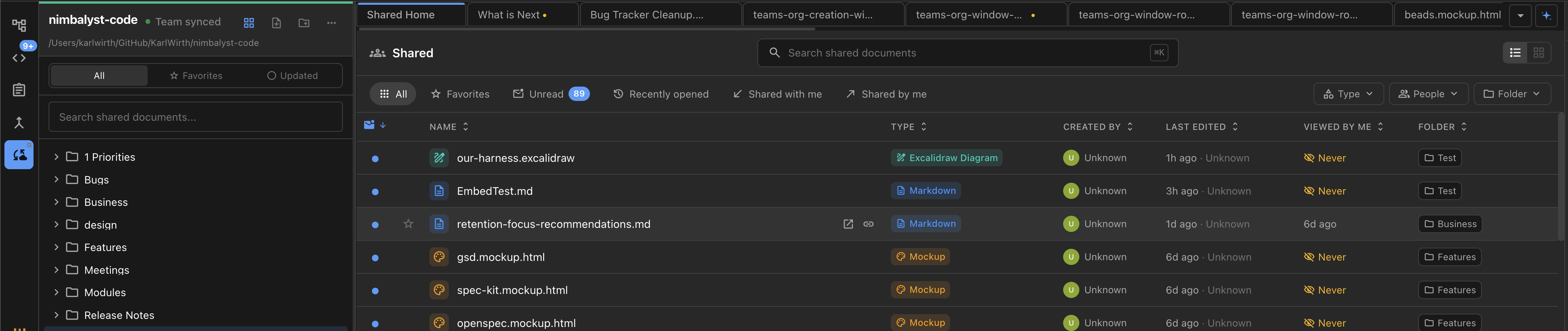 The Shared home view listing shared documents in a table with Name, Type, Created by, Last edited, Viewed by me, and Folder columns, filter tabs for All, Favorites, Unread, Recently opened, Shared with me, and Shared by me, and unread dots beside several rows