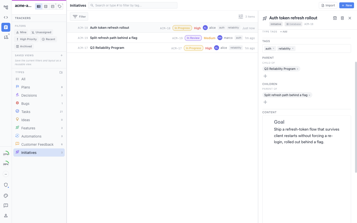 An initiative showing its parent, child item, tags, content, and linked session