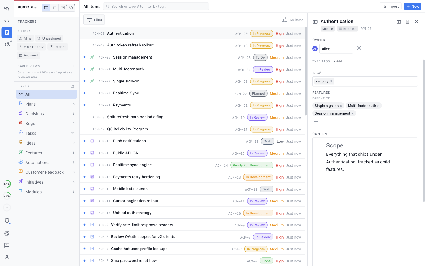 The tracker sidebar with configurable types including Modules and Initiatives, and an Authentication module open with child features and fields