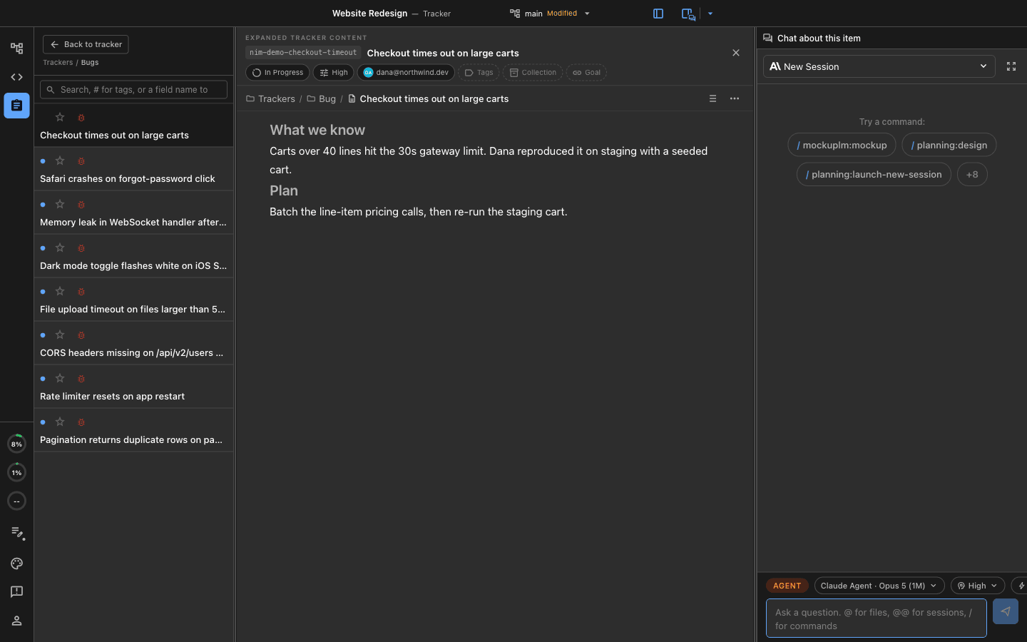 A tracker item expanded to full width with a written body and a Chat about this item panel on the right