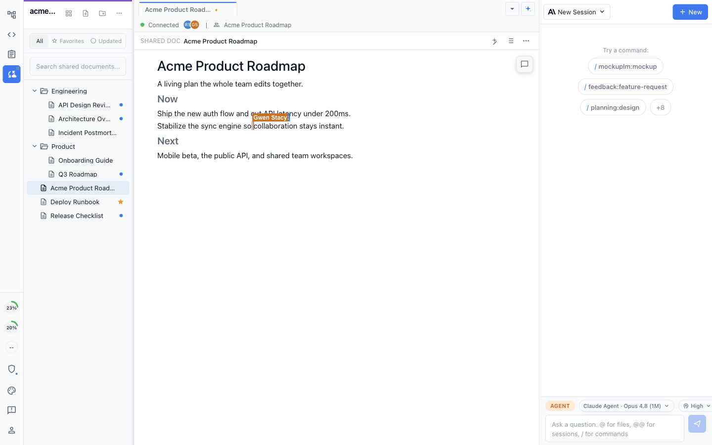 Two teammates editing the same markdown document in real time, with presence and a live labeled cursor
