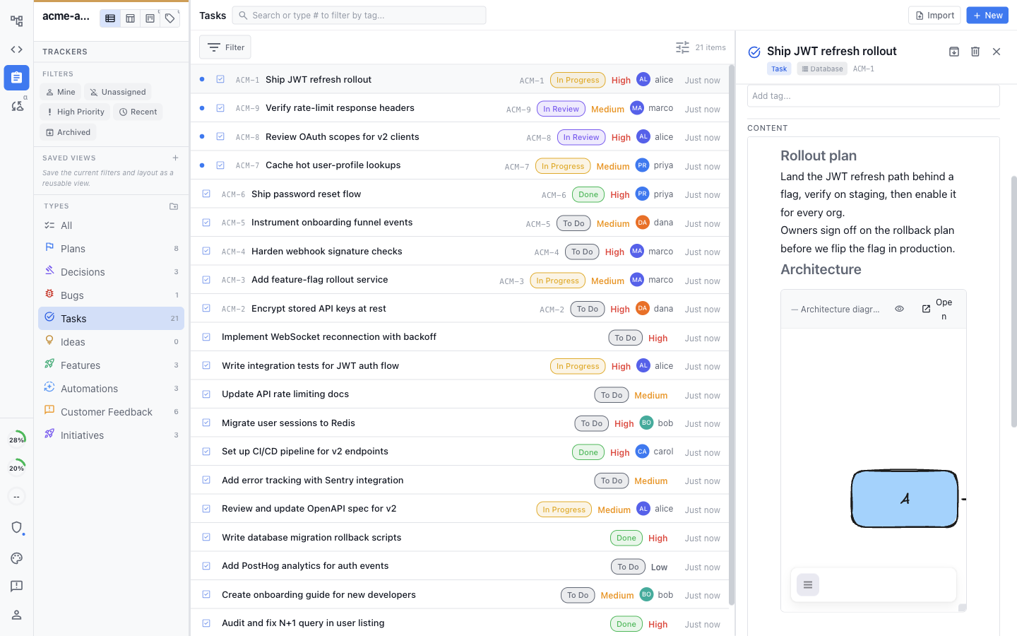 A tracker item with a collaborative rich-text body, including an Excalidraw diagram and mockup embedded inline