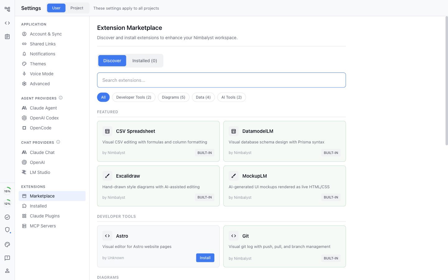 Extension Marketplace showing featured extensions and category filters