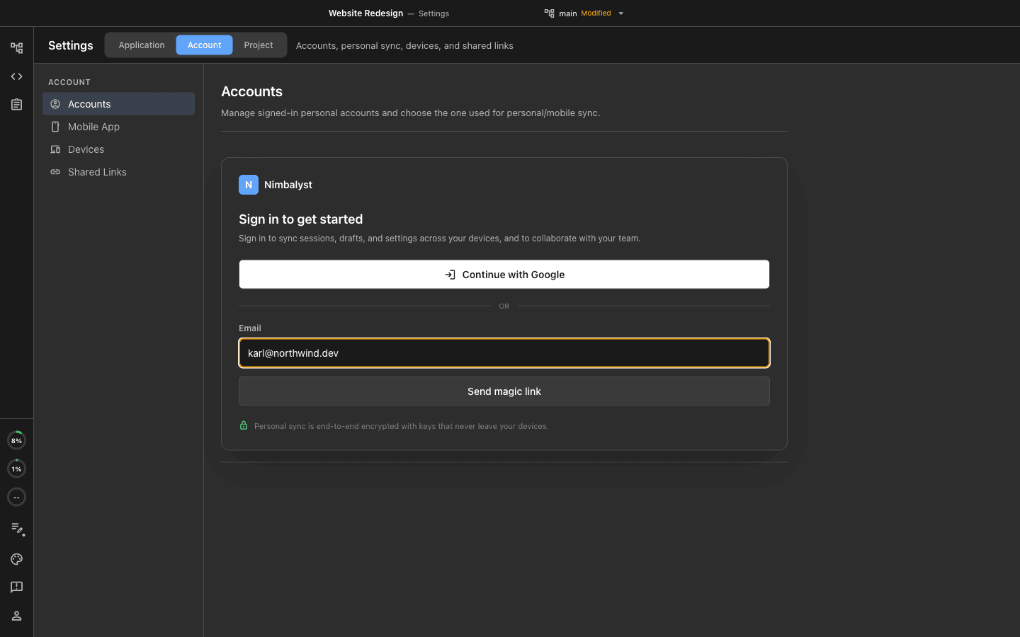 The Account tab in Nimbalyst Settings, showing Continue with Google and an email field for a magic link