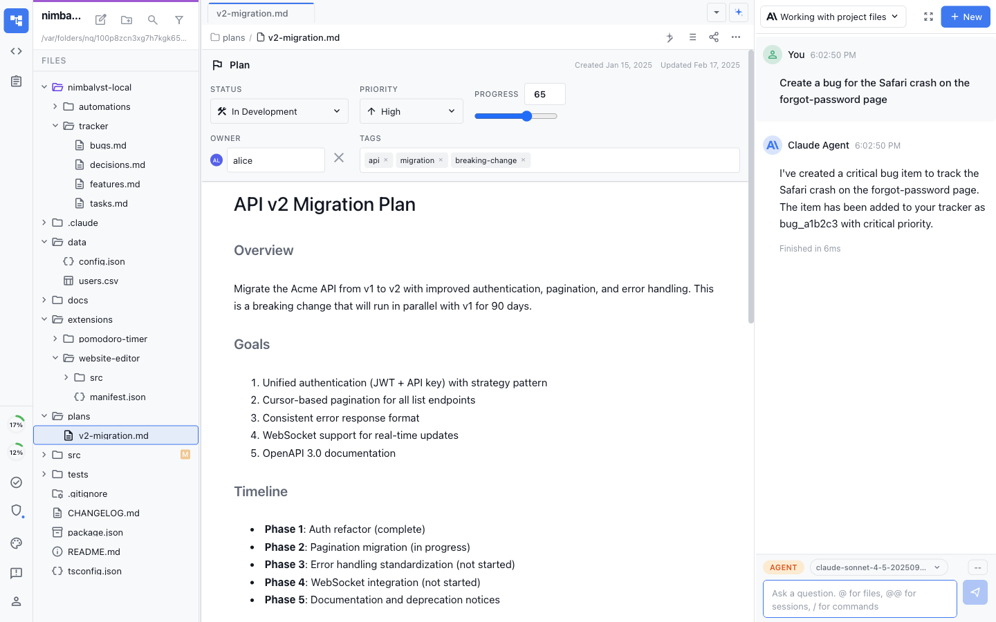 A chat panel where the user asks for a bug to be created for a Safari crash and the agent confirms it created a critical bug item, next to an open plan document