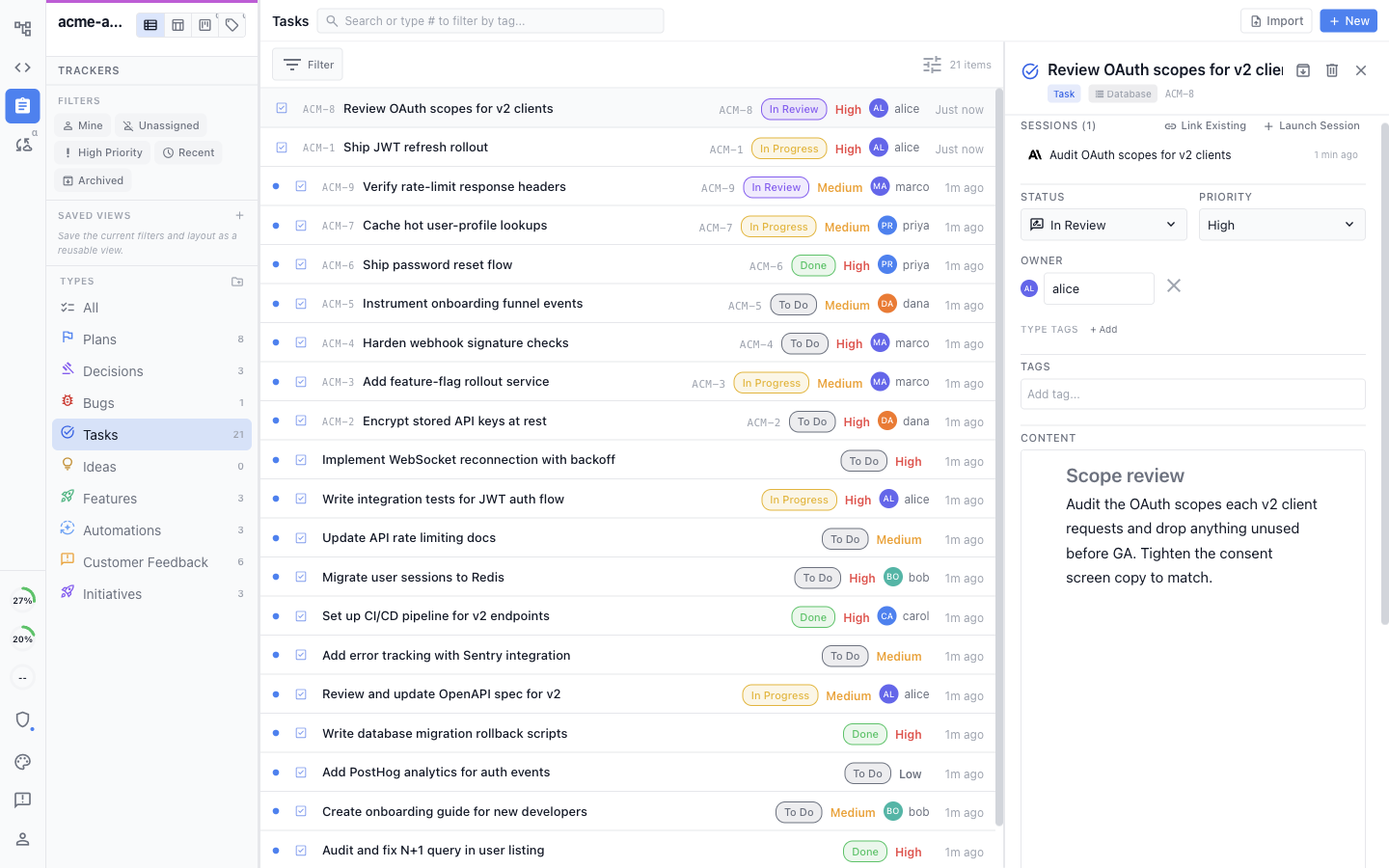 A shared task list with an item open, showing its linked session, status, priority, owner, and written content