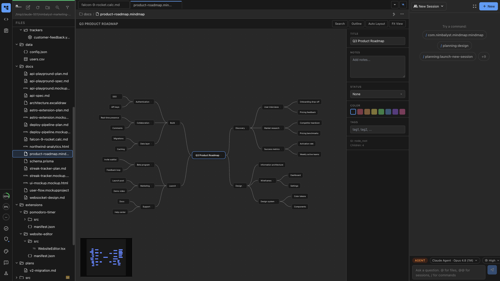 Mind Map editor showing a color-coded roadmap on an infinite canvas with file tree and agent sidebar