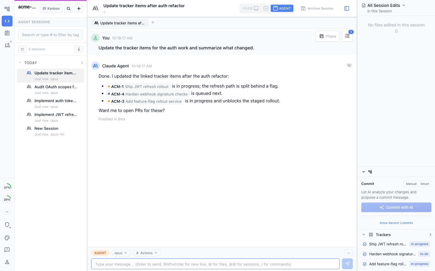 An agent session reporting updates to linked tracker items, with those items visible in the Trackers panel