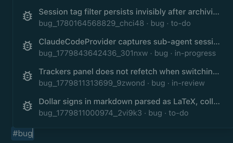 The tracker reference picker filtered to bug items after typing #bug