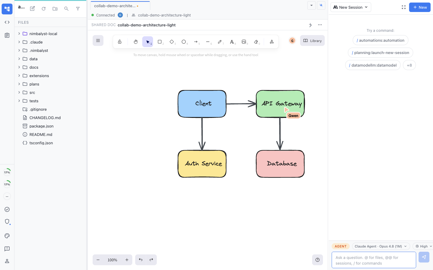 Two teammates editing the same architecture diagram in real time on a shared canvas, with a live labeled cursor