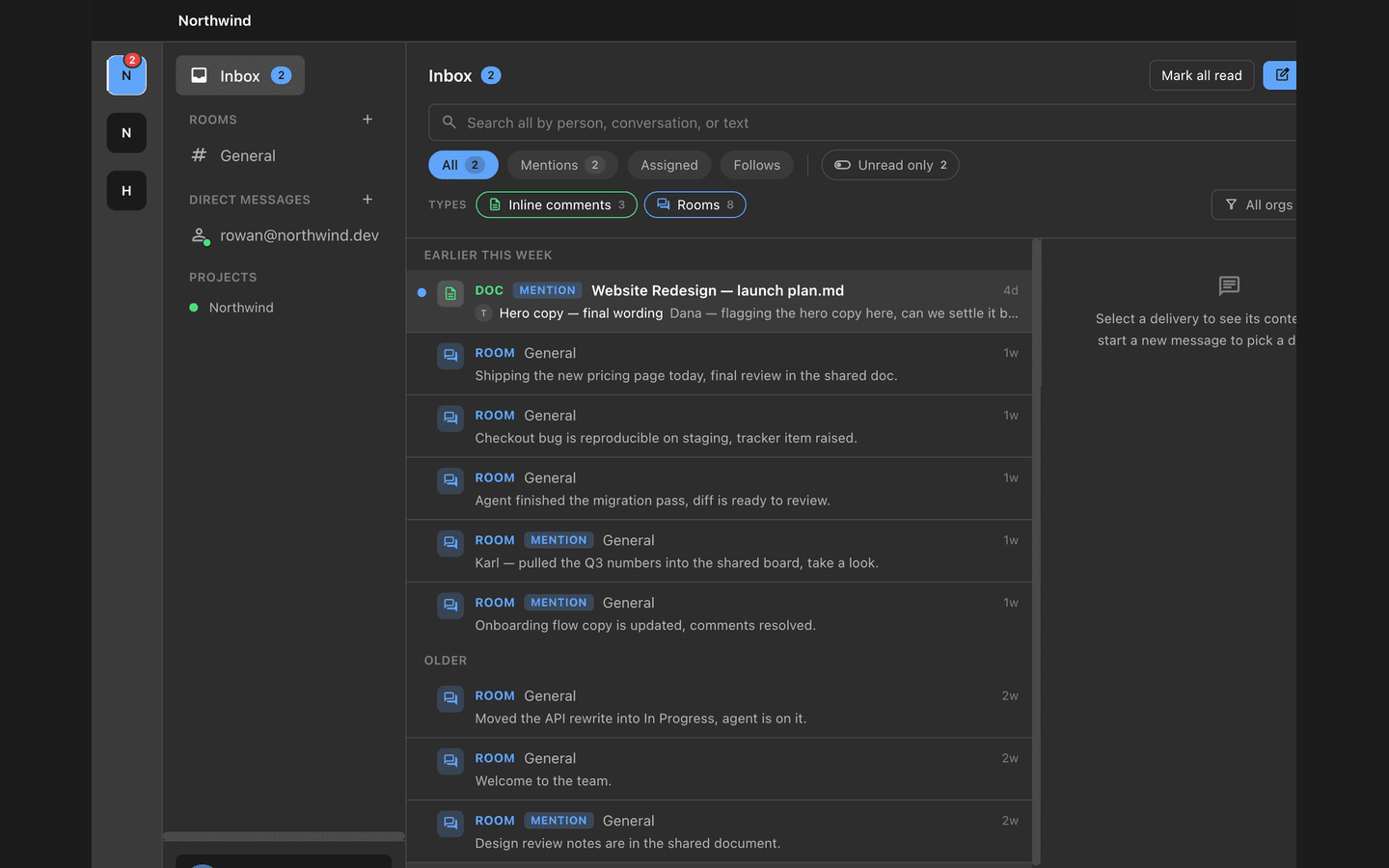 The team inbox listing mentions, comments, and messages with the document each one came from