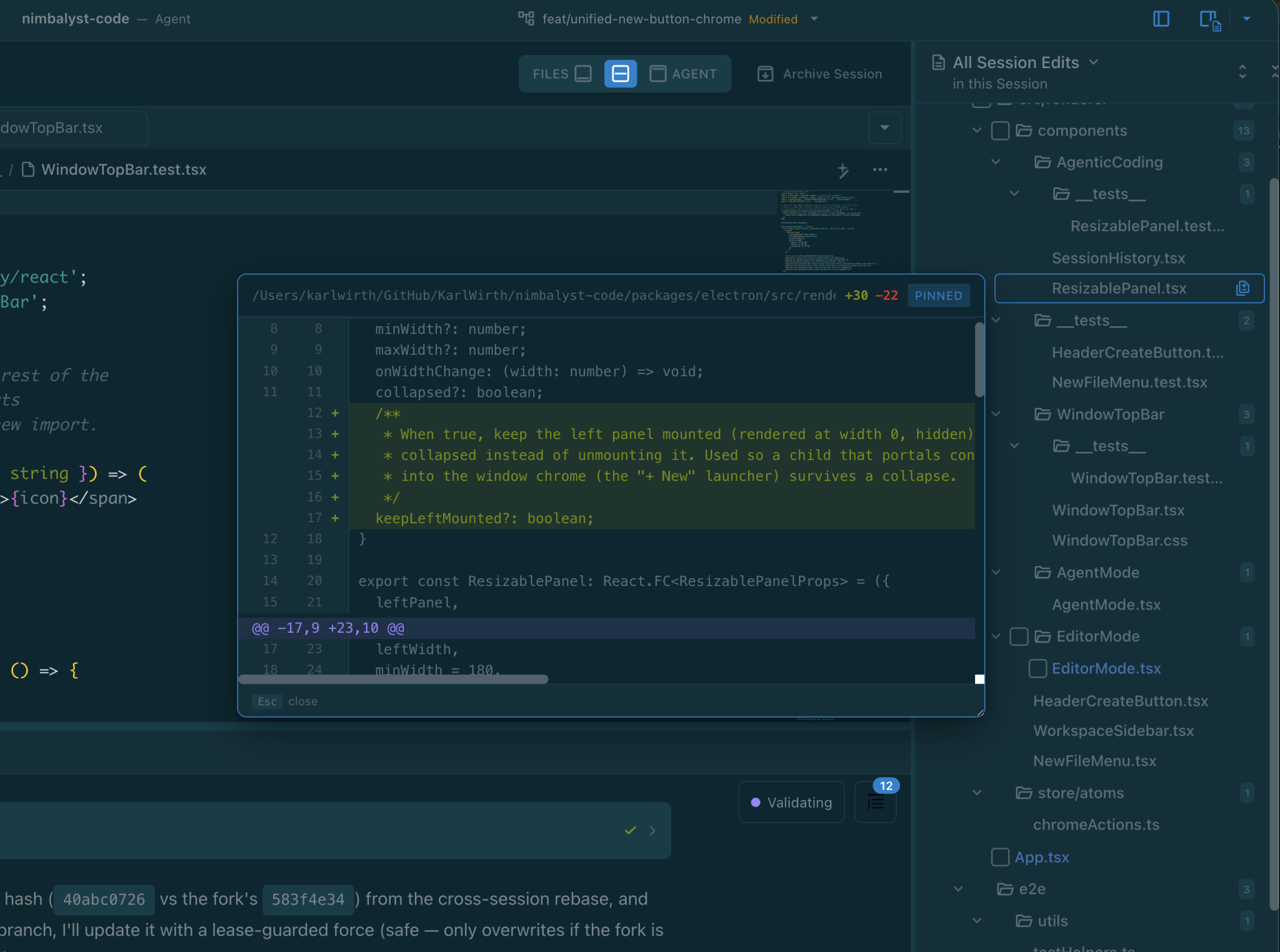 A pinned diff peek showing changes for a file in the All Session Edits sidebar