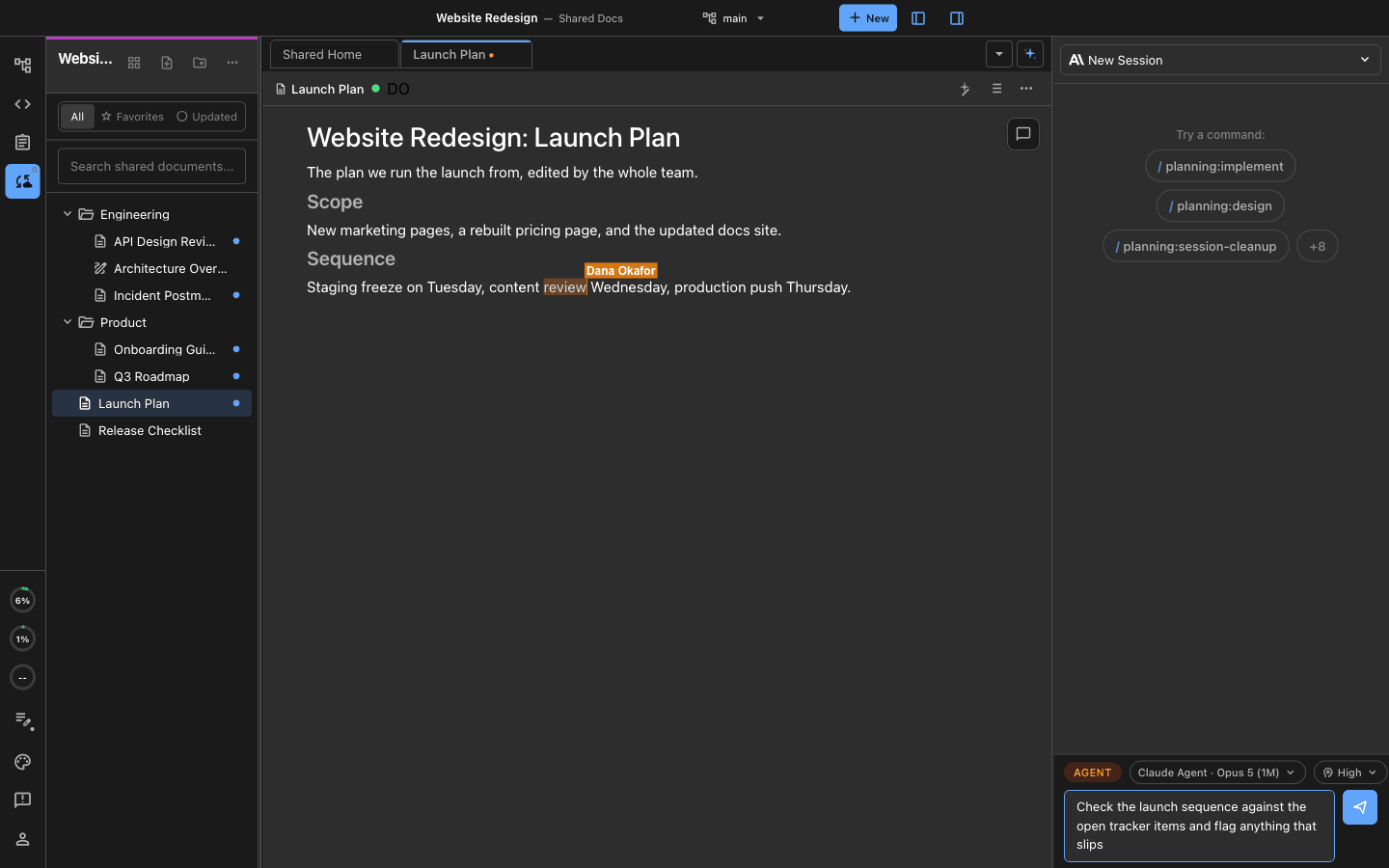 A shared launch plan open in Nimbalyst with a teammate's labelled cursor in the text and an agent prompt staged in the chat