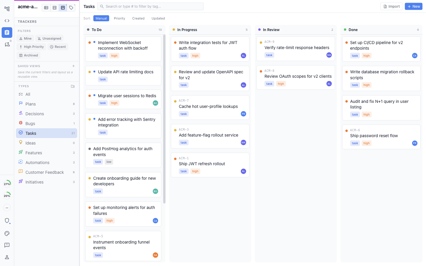 A shared task board with To Do, In Progress, In Review, and Done columns