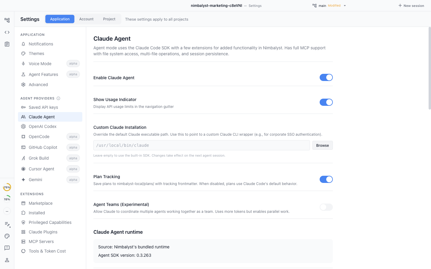 Nimbalyst Application Settings with Claude Agent selected and other agent providers listed in the sidebar
