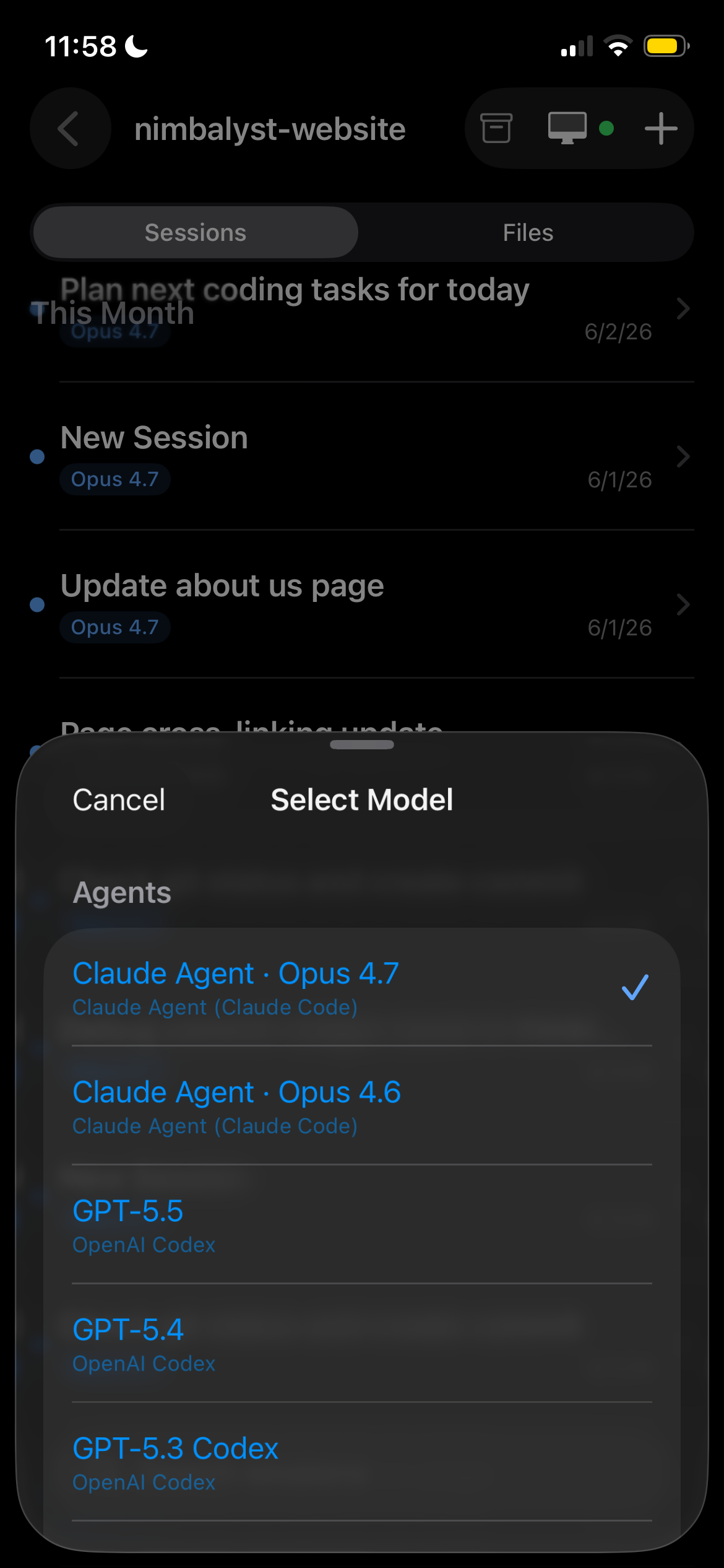 Select Model sheet listing Claude Agent and OpenAI Codex models with the active one checked