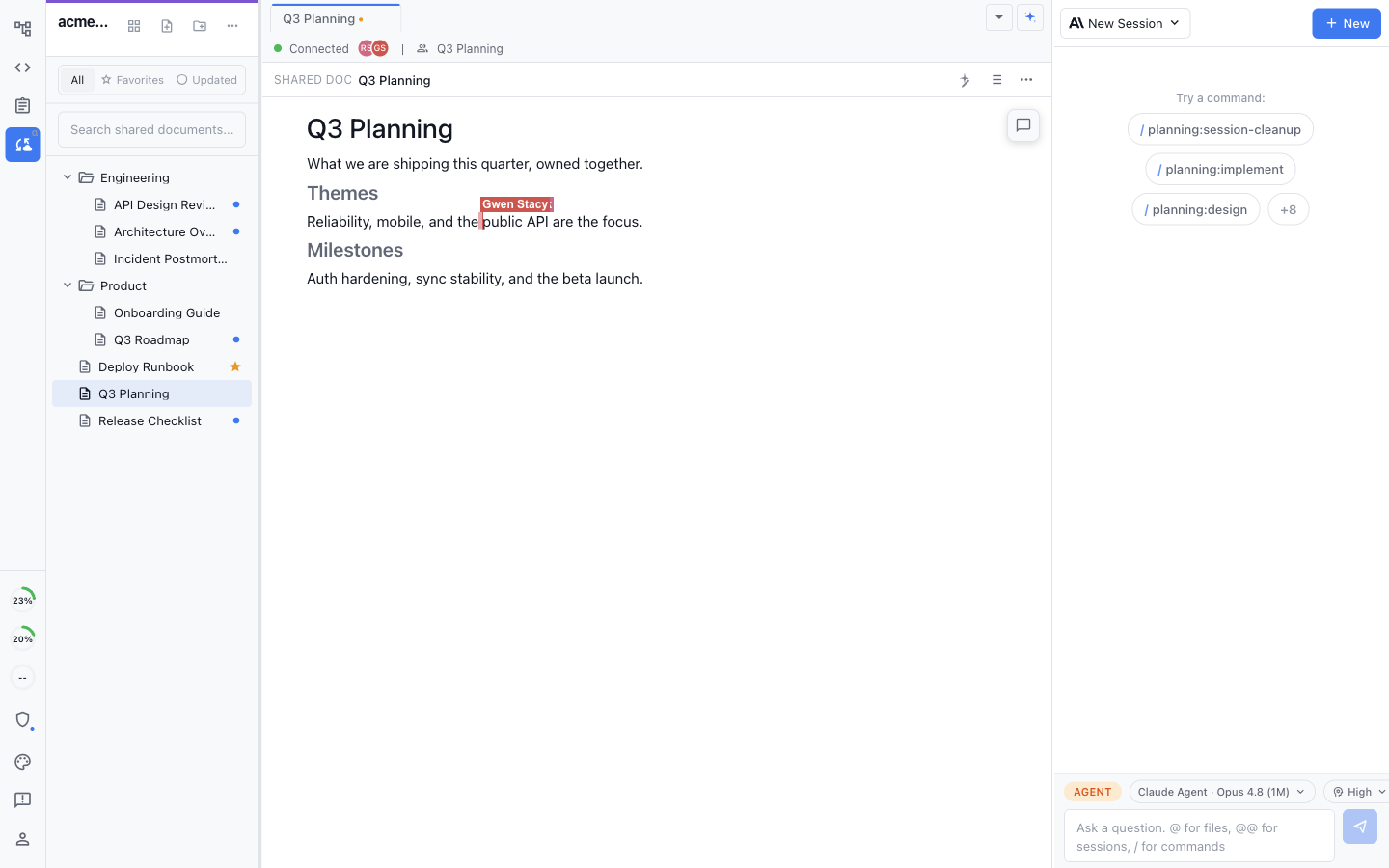 A shared planning document with teammate presence avatars and a live labeled cursor