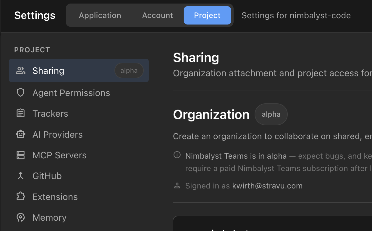 Settings, Project, Sharing, showing the Organization section with the signed-in account and the organization attachment controls