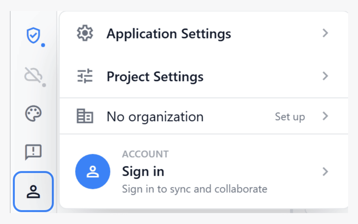 The Nimbalyst user menu open, showing Application Settings, Project Settings, No organization, and Sign in