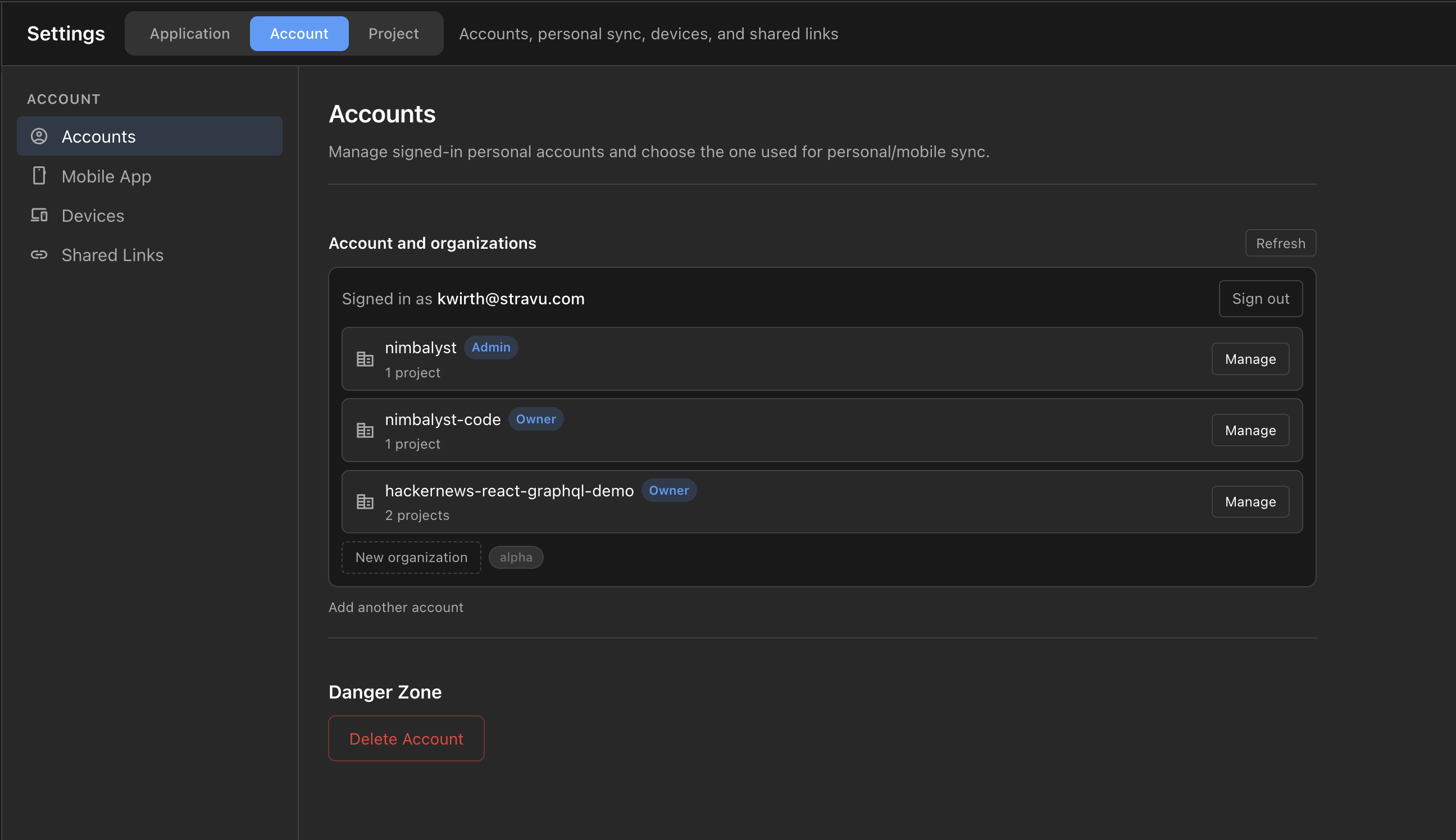 Settings, Account, Accounts, showing the signed-in email with its organizations, each with an Admin or Owner role badge, a Manage button, and a New organization button