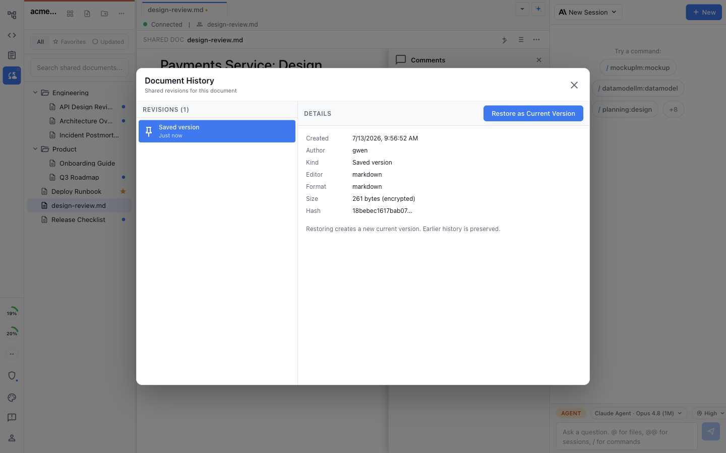 Document History for a shared document, showing a saved revision, its author and metadata, and a Restore as Current Version action