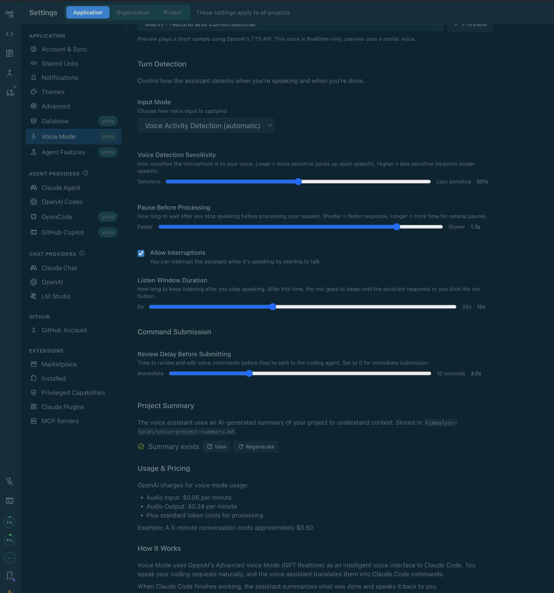 The Voice Mode settings panel showing turn detection, command submission, project summary, and pricing