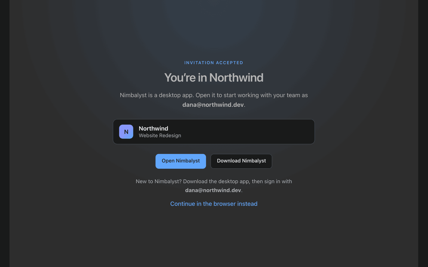 The confirmation screen after accepting an invitation, offering to open the desktop app or continue in the browser