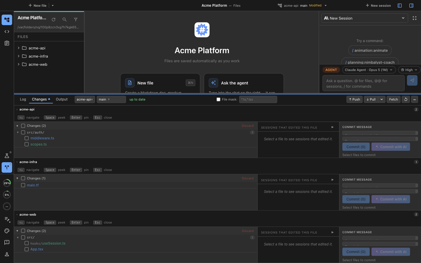 The Git panel's Changes tab showing three repositories at once, each with its own changed-file list, commit message box, and Commit with AI button