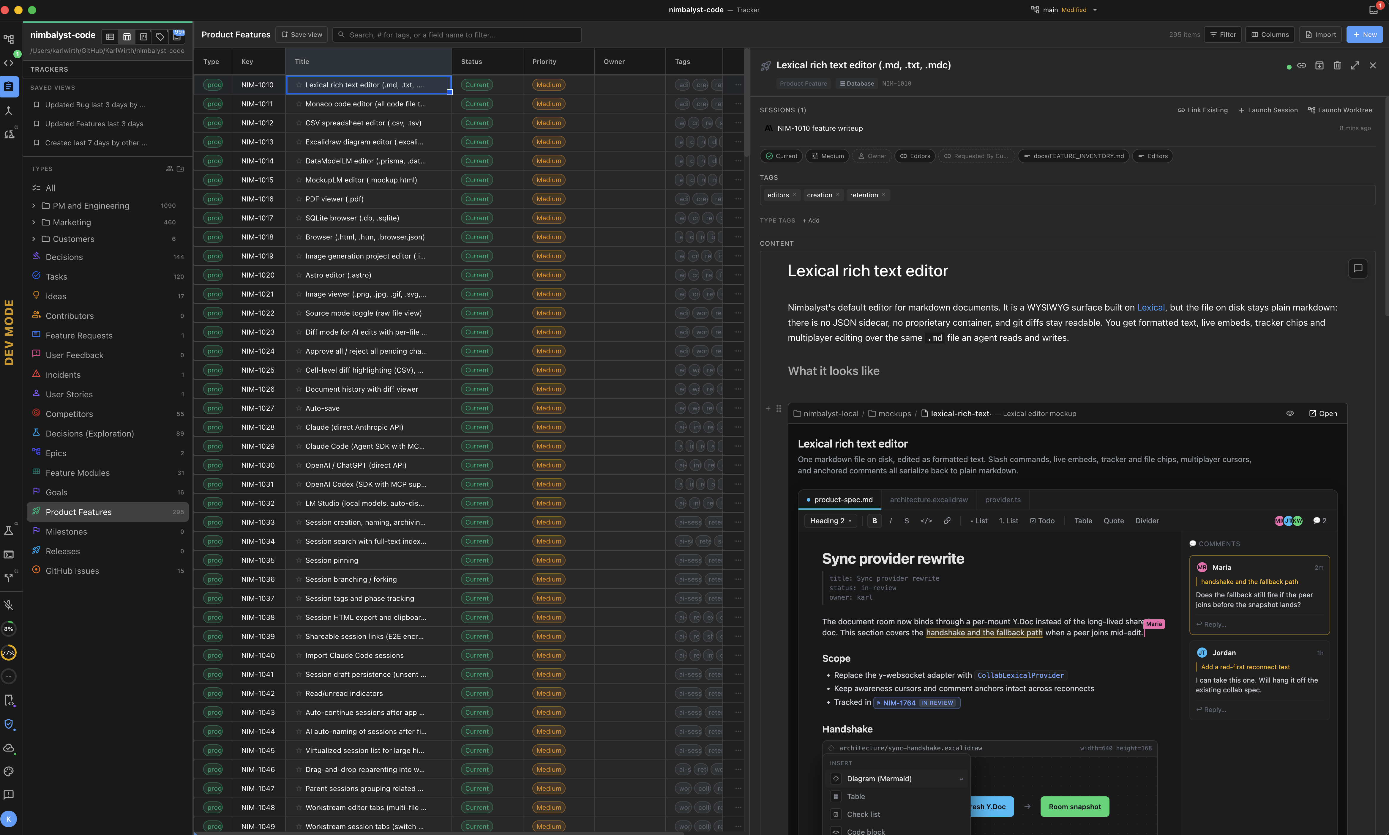 A tracker item open beside the item list, its Content section holding a full document with headings, prose, an embedded mockup, and a comment thread