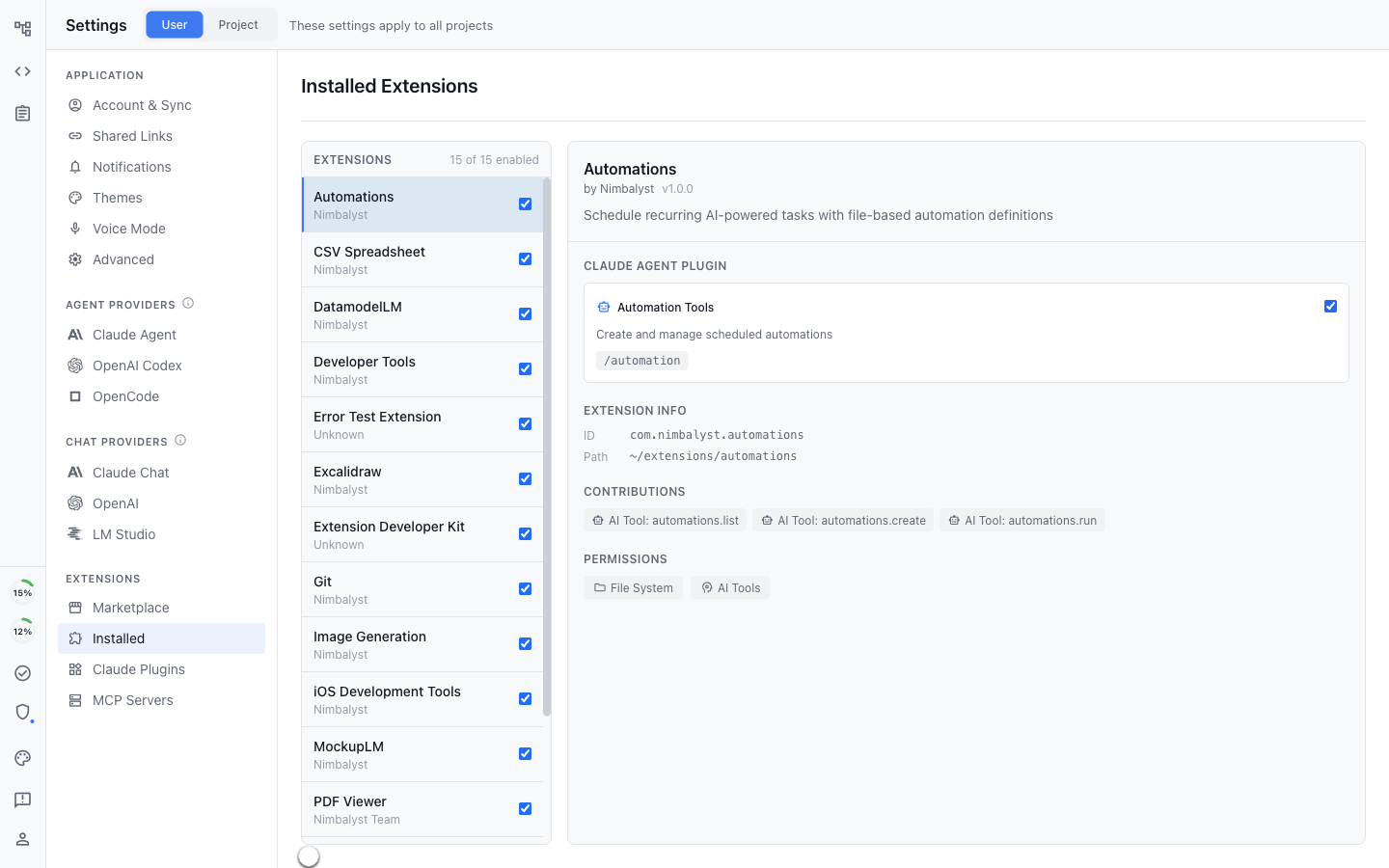 Installed Extensions panel showing all active extensions with details