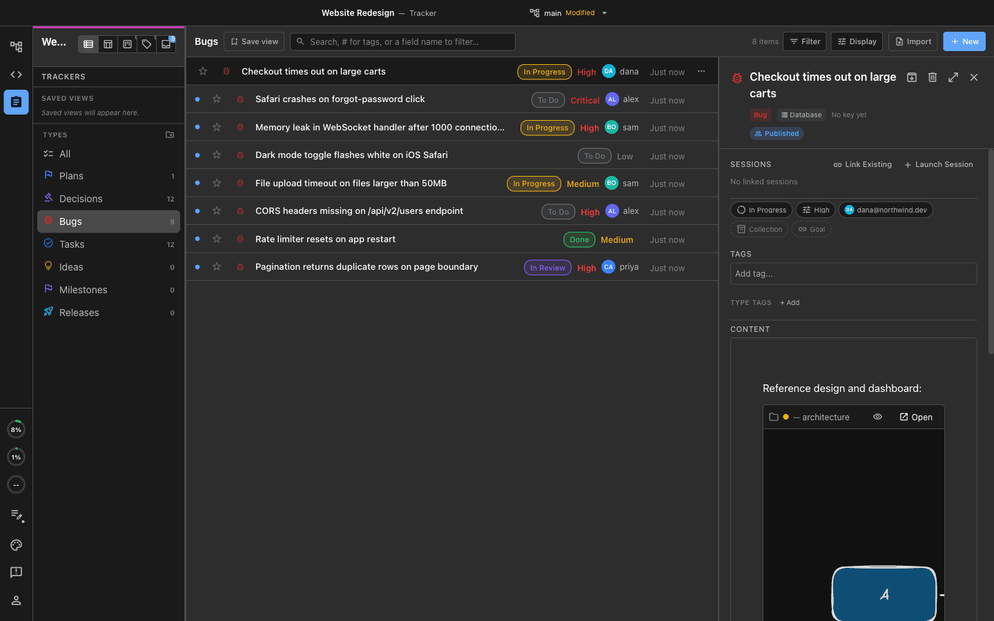 A tracker item detail panel showing a Sessions section with Link Existing and Launch Session actions