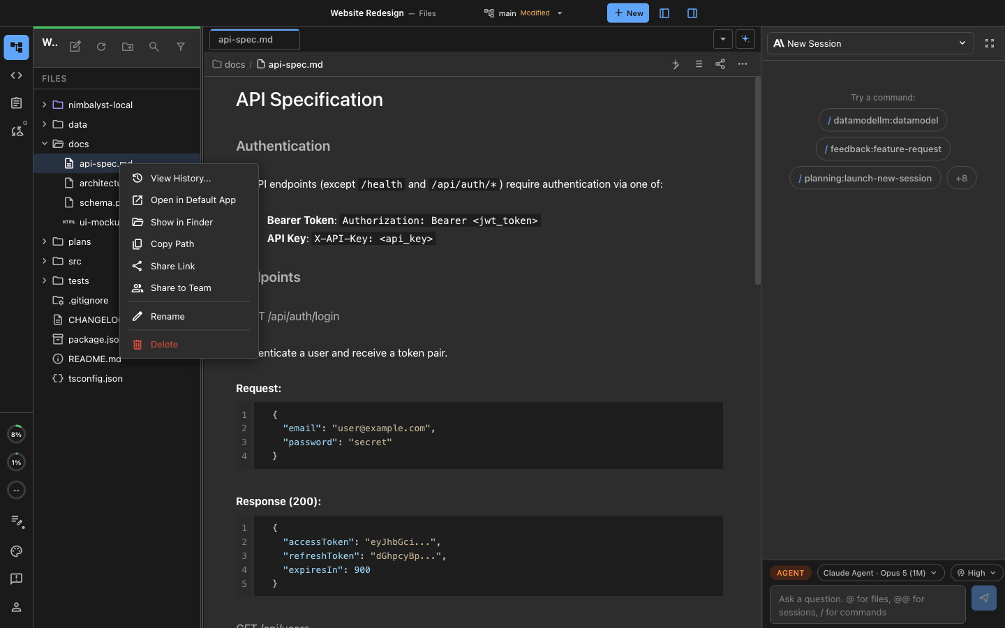 The file tree context menu open on a markdown file, showing the Share to Team action
