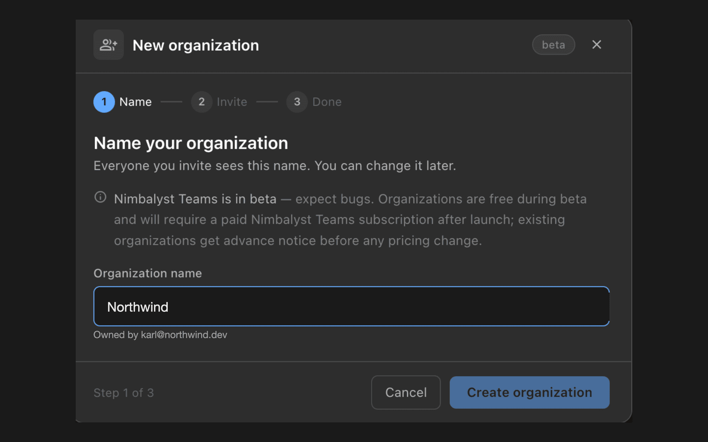 The New organization dialog on its Name step, with an organization name typed in and the owner's address below the field