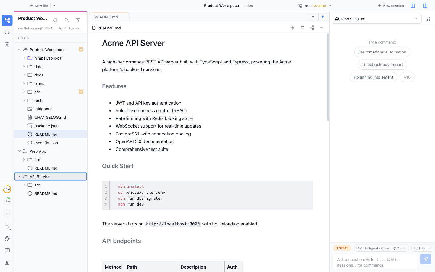 The Nimbalyst file explorer showing Product Workspace as the primary root with Web App and API Service attached as two additional roots